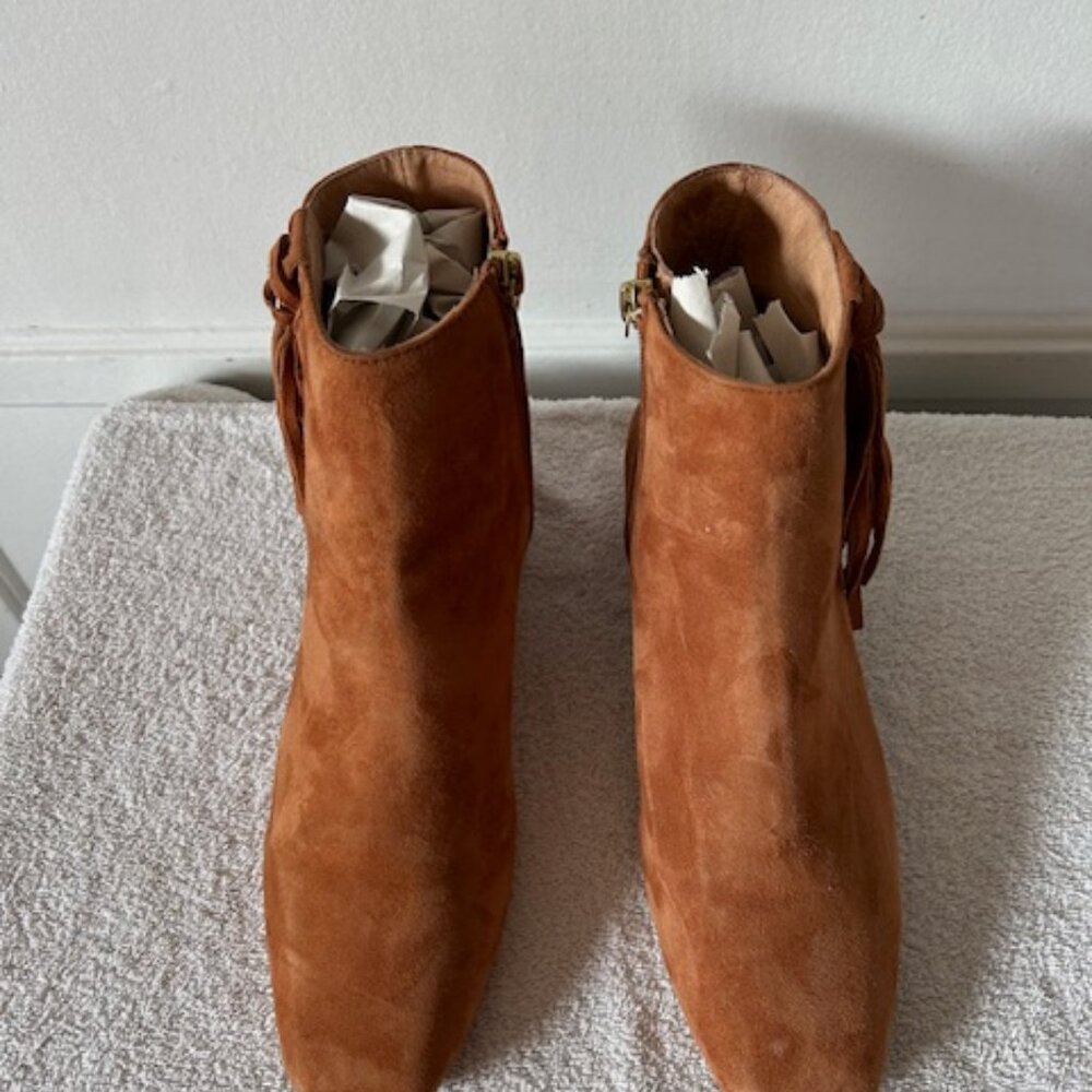 Free People Spring In Paris Boots Women's Size 6.5 Tan Suede Fringe Square Toe - Picture 8 of 8